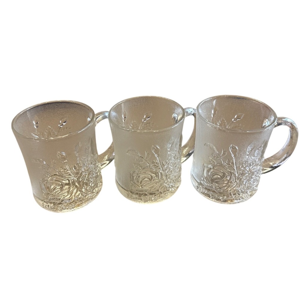 Vintage Pasari Crystal Livia Rose Frosted Glass 10‎ oz Coffee Cups Mugs set of 3